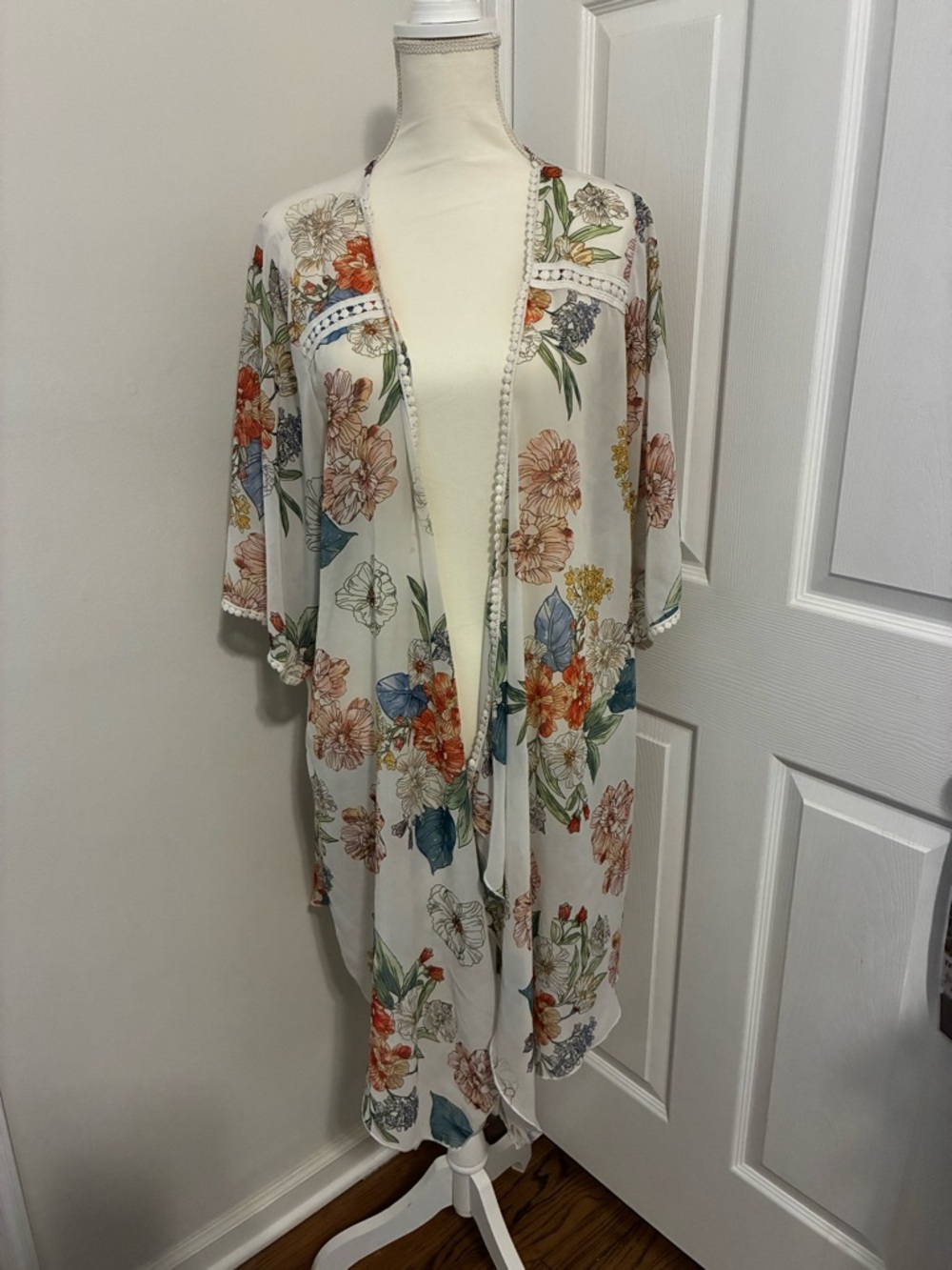Emory Park Sheer Floral Kimono in Cream, Peach & Green